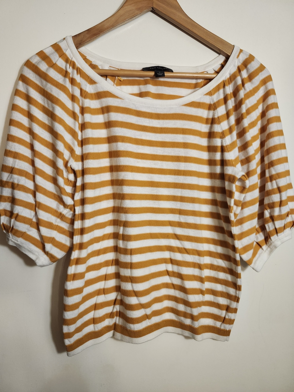 Ann Taylor - Striped Sleeve Top in Pumpkin Orange and White - Size S